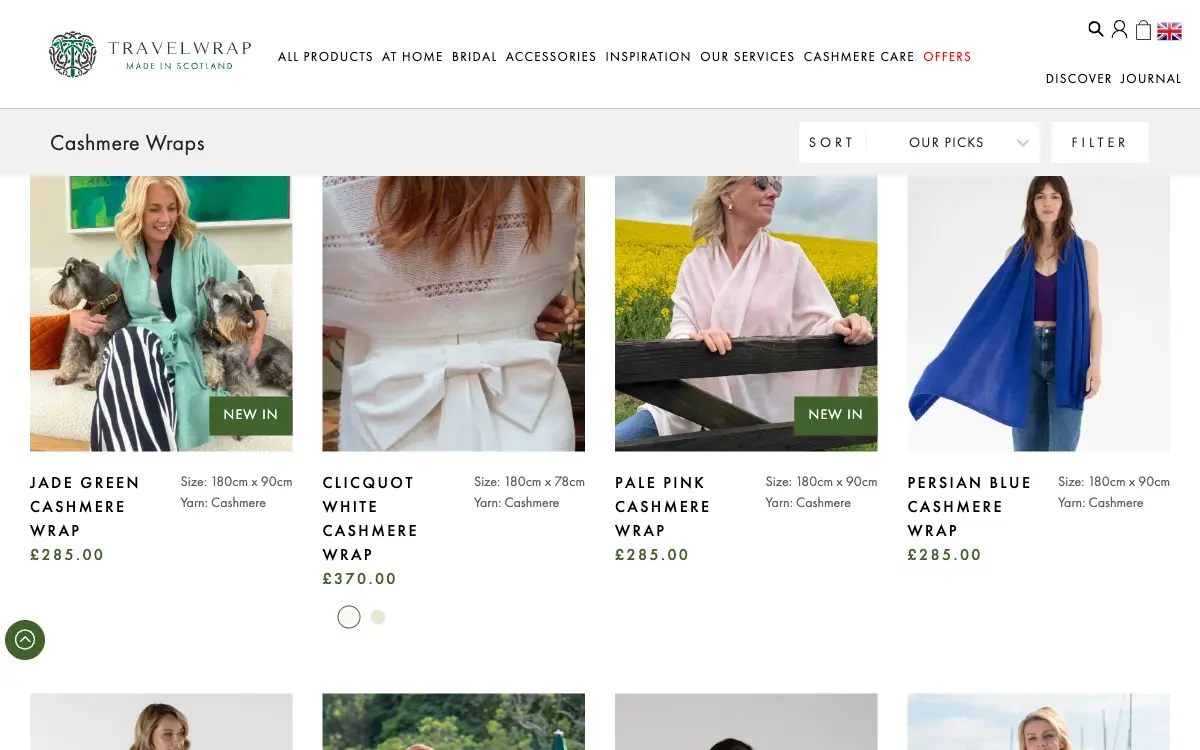 The cashmere wraps category page: a sticky bar with sort and filter above product cards showing each wrap’s size, yarn and price.