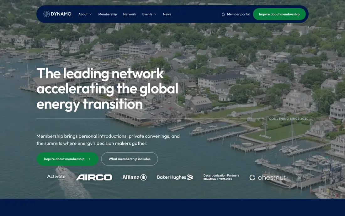 The finished Dynamo Energy Hub homepage. A dark menu bar ends in a green Inquire about membership button. The headline reads The leading network accelerating the global energy transition, over an aerial photo of Martha’s Vineyard, with a single row of member logos below.