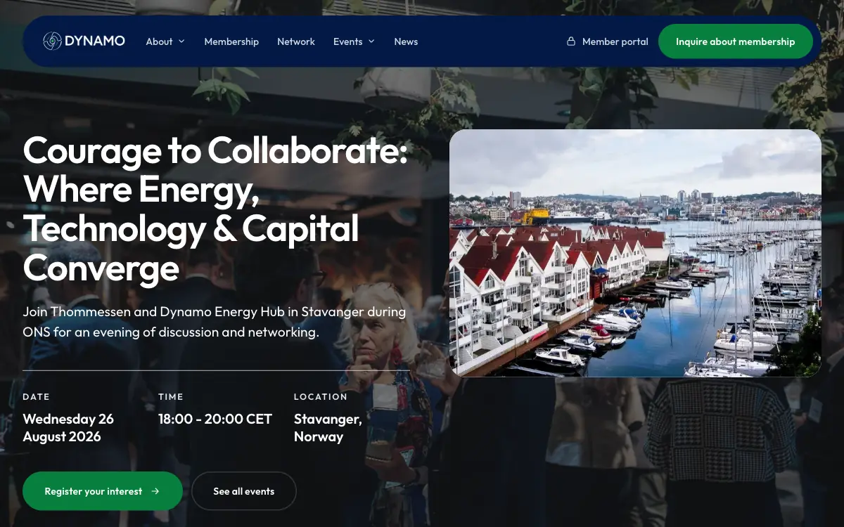 An event page for Courage to Collaborate in Stavanger, with the date, time, place and a Register your interest button.