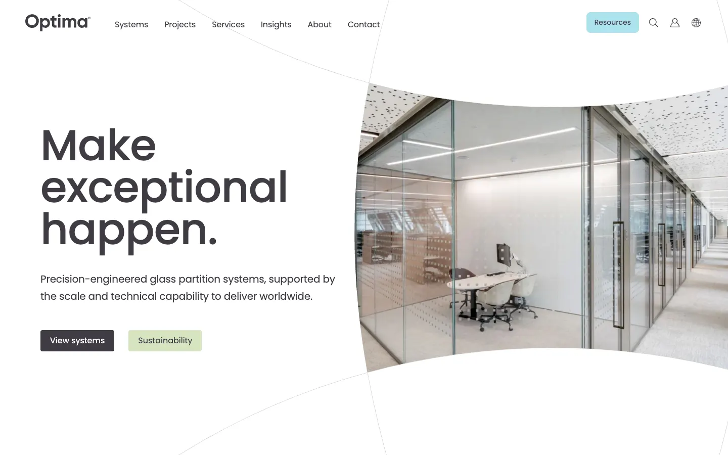 The live Optima homepage: the headline ‘Make exceptional happen.’ beside a curved photo of a glass-walled office.