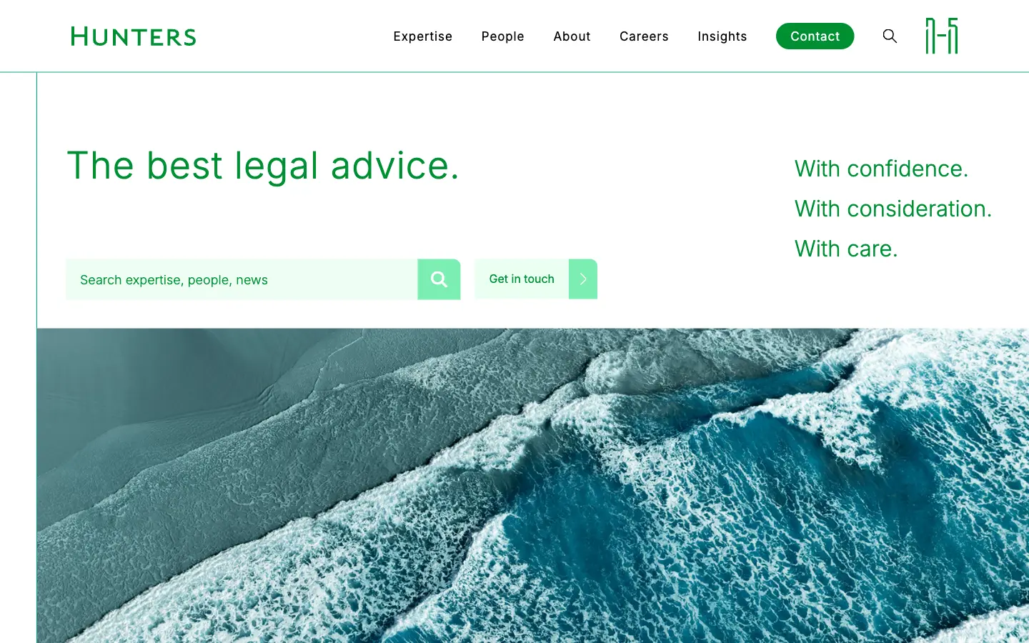 The live Hunters homepage: the headline ‘The best legal advice.’ above a search box, beside the strapline ‘With confidence. With consideration. With care.’ and a photo of waves on a shore.
