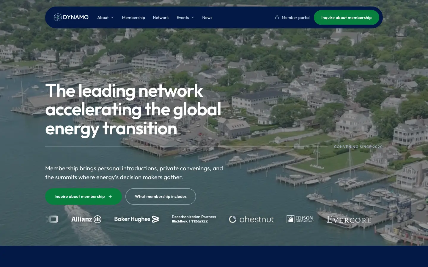 The new Dynamo Energy Hub homepage: the headline ‘The leading network accelerating the global energy transition’ over aerial film of Martha’s Vineyard.