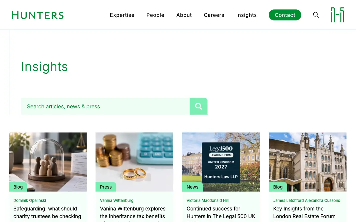 The Hunters insights page: a search box and article cards tagged Blog, Press and News.