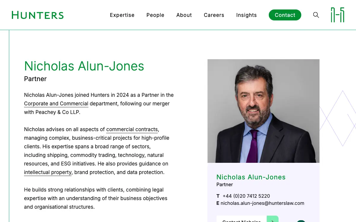 A lawyer’s profile on hunterslaw.com: name, role as Partner, a short biography, a photo and a card with phone and email.