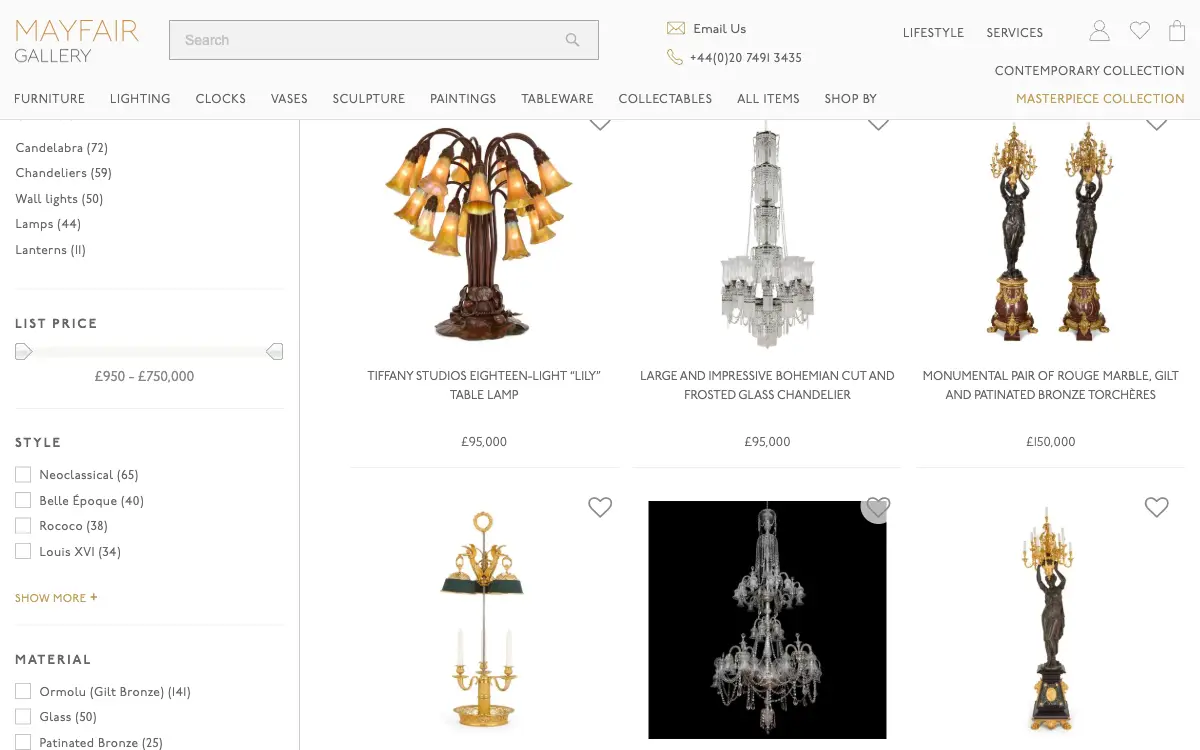 The Mayfair Gallery antique lighting page, with filters for category, price, style and material beside a grid of lamps, chandeliers and torchères.
