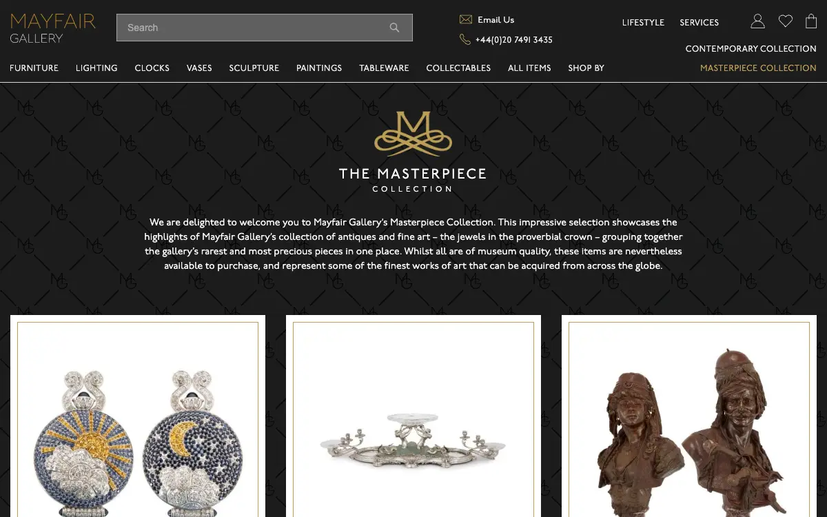 The Masterpiece Collection page: a gold monogram crest and introduction on a dark patterned background above framed cards of jewellery, a silver centrepiece and bronze busts.