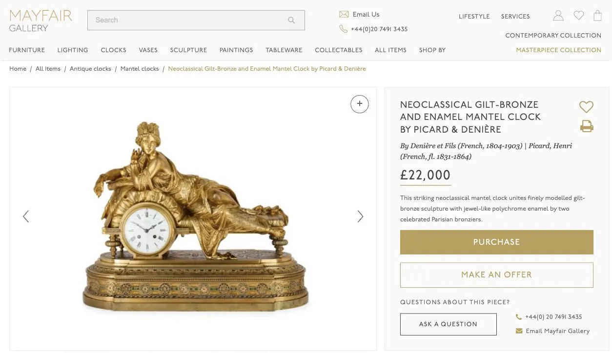 The live Mayfair Gallery product page for a neoclassical gilt-bronze and enamel mantel clock by Picard and Denière. A large photo with a zoom button fills the left. On the right are the title, the makers, the price of £22,000, a short description, Purchase and Make an offer buttons, and an Ask a question button beside the phone number and email.