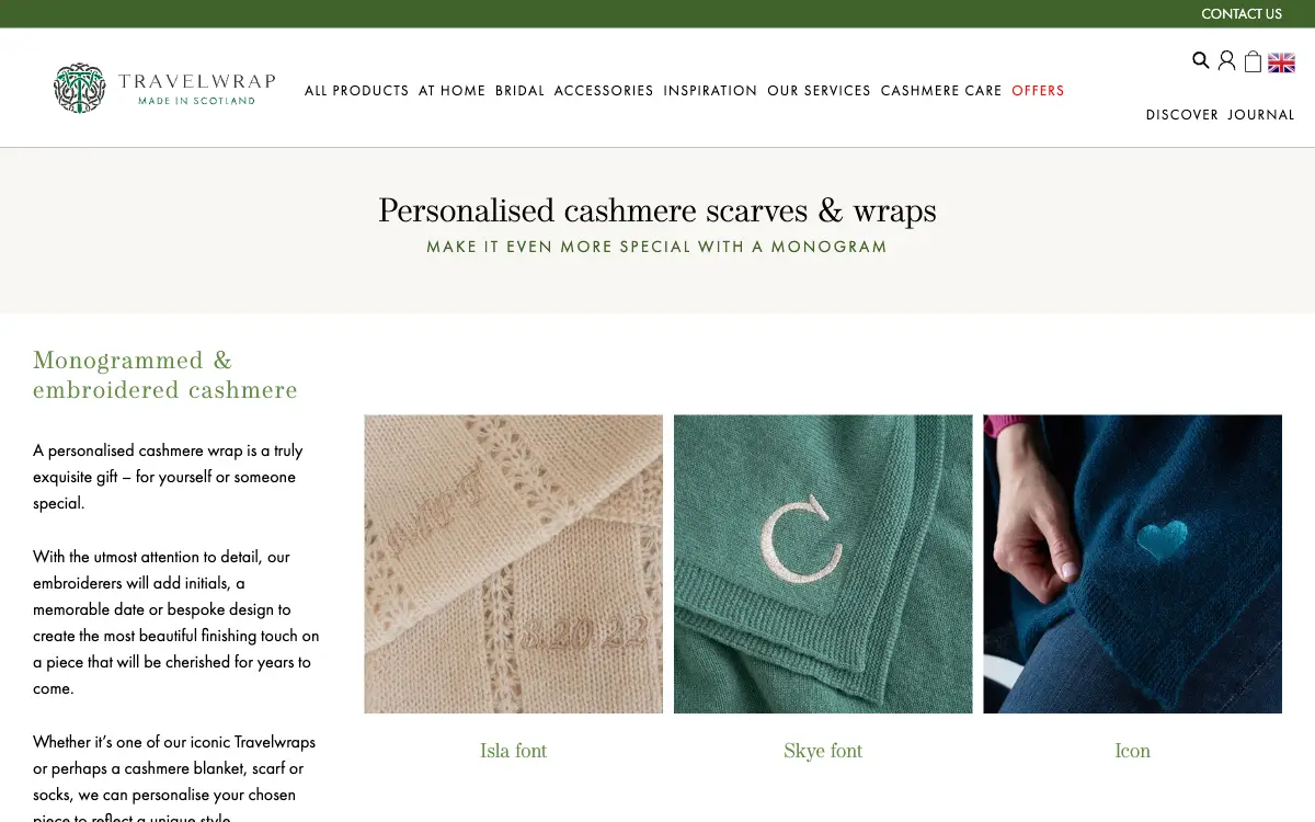The personalisation page: monogrammed cashmere in the Isla font, the Skye font and a heart icon.