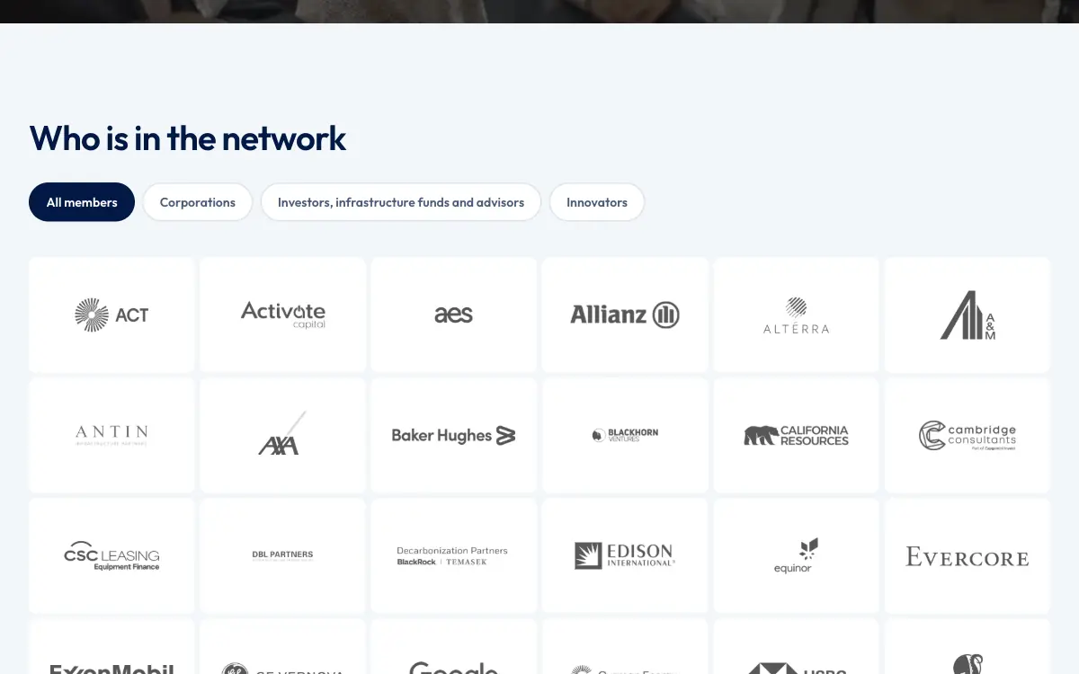 The Dynamo network directory: a grid of member logos with filters for corporations, investors and innovators.