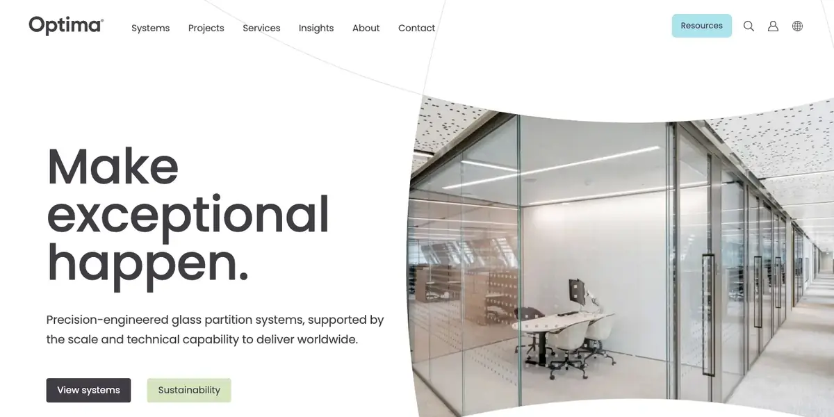 The Optima homepage: the headline ‘Make exceptional happen.’ beside a curved photo of a glass-walled office.