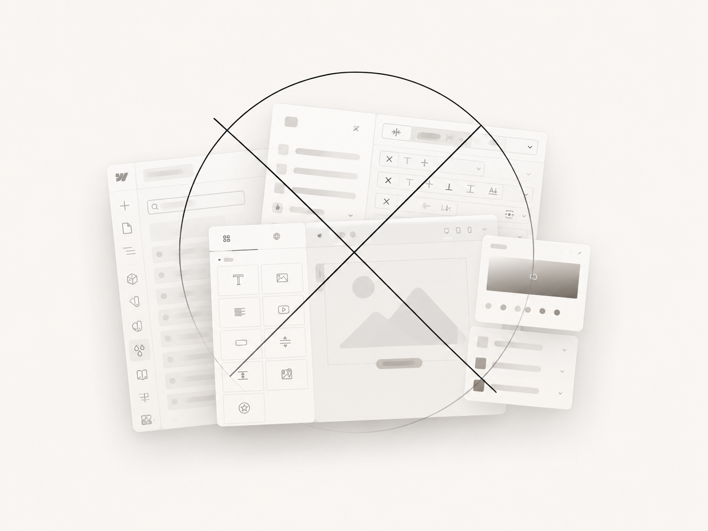 A greyed-out pile of website builder panels crossed out - not a page builder