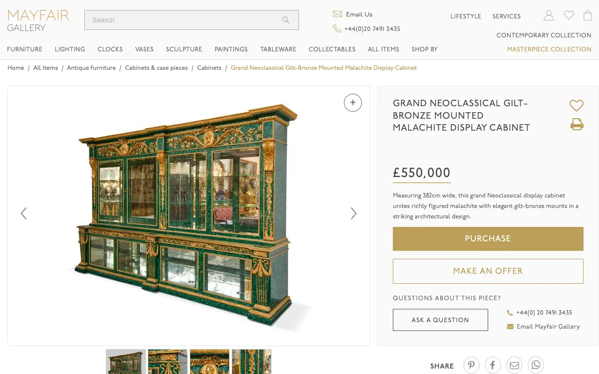 The page for a grand Neoclassical gilt-bronze mounted malachite display cabinet, priced £550,000, with Purchase, Make an offer and Ask a question buttons.