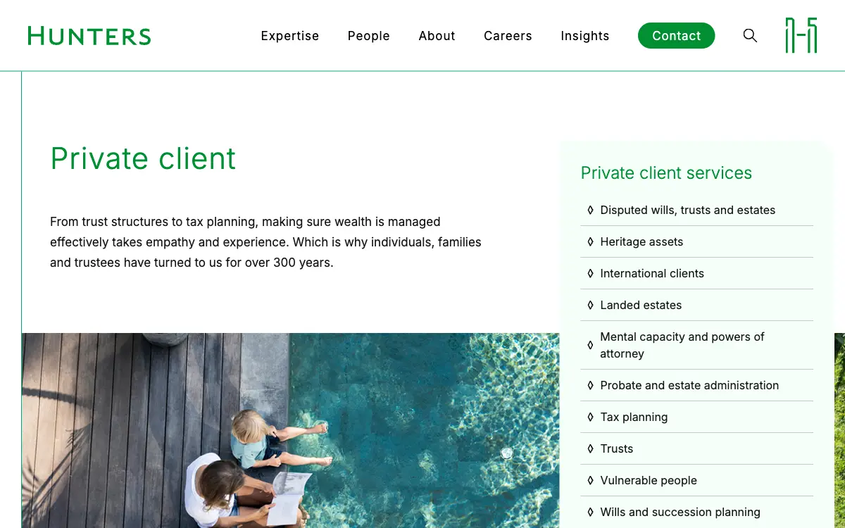 The Hunters private client page: an introduction, a photo and a list of private client services.