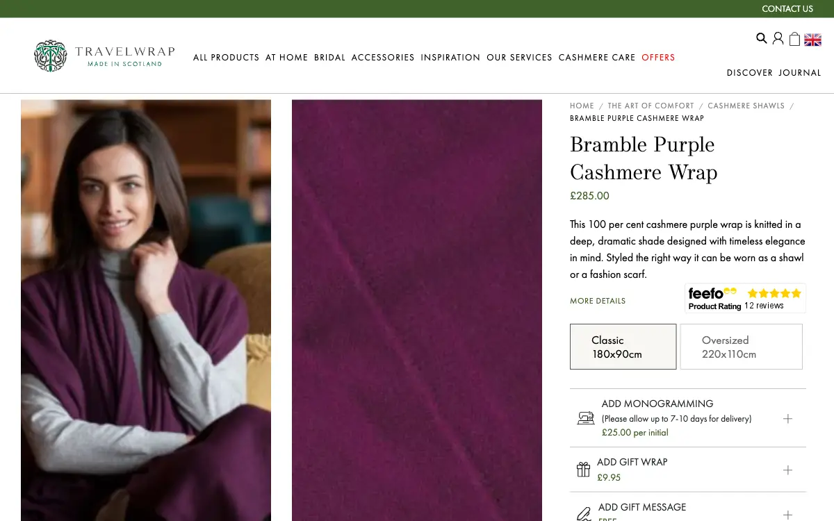 The Bramble Purple Cashmere Wrap product page: photos, price, a choice of Classic or Oversized, and rows to add monogramming, gift wrap and a gift message.