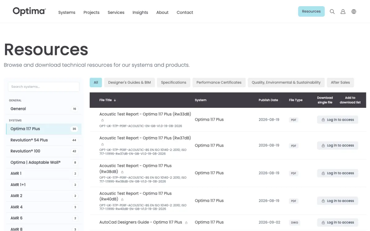 The Optima resources library, with filters by file type and by system.