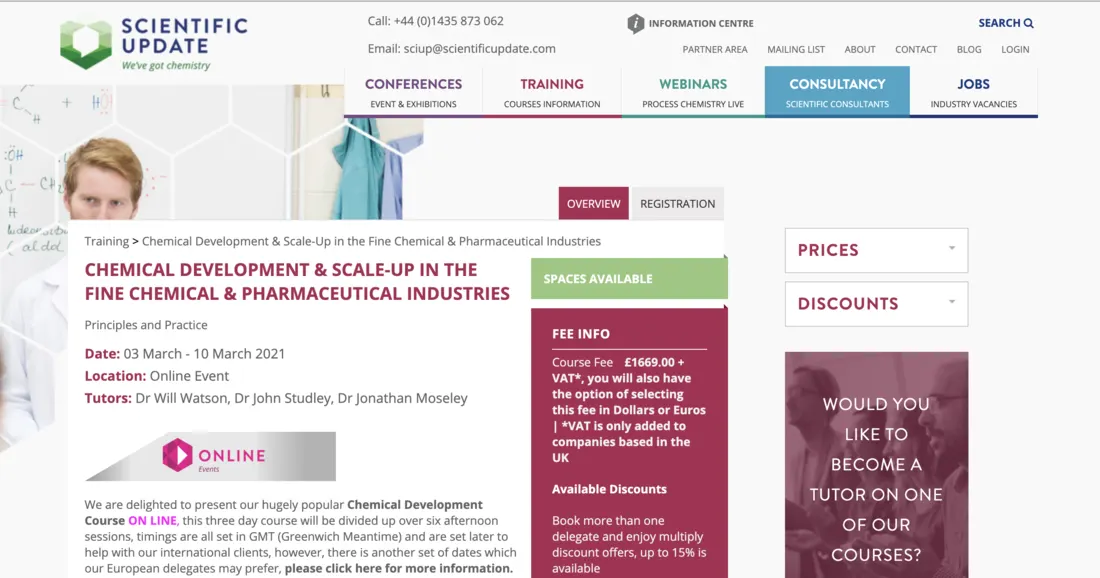 The old Scientific Update course page. A large photo header and five-tab menu push the course down; the date, location and tutors sit in plain lines under the title, the fee is a dense block of small print in a red sidebar, and a long paragraph about online sessions follows. There is no booking button, only a Registration tab.