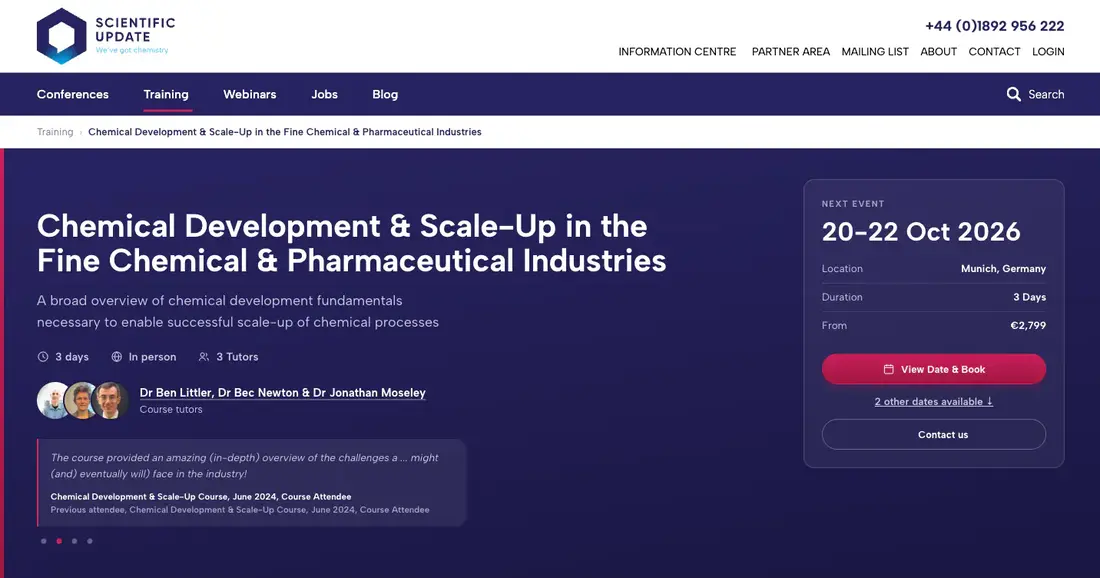 The live Scientific Update course page. The title, length, format and tutors sit on the left, with a past attendee’s quote below. A panel on the right shows the next date, 20 to 22 October 2026 in Munich, the price from €2,799, a View Date and Book button and a link to two other dates.