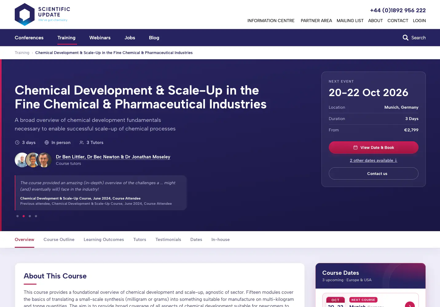 The Scientific Update course page for Chemical Development and Scale-Up, with a booking panel showing View Date and Book and Contact us buttons.