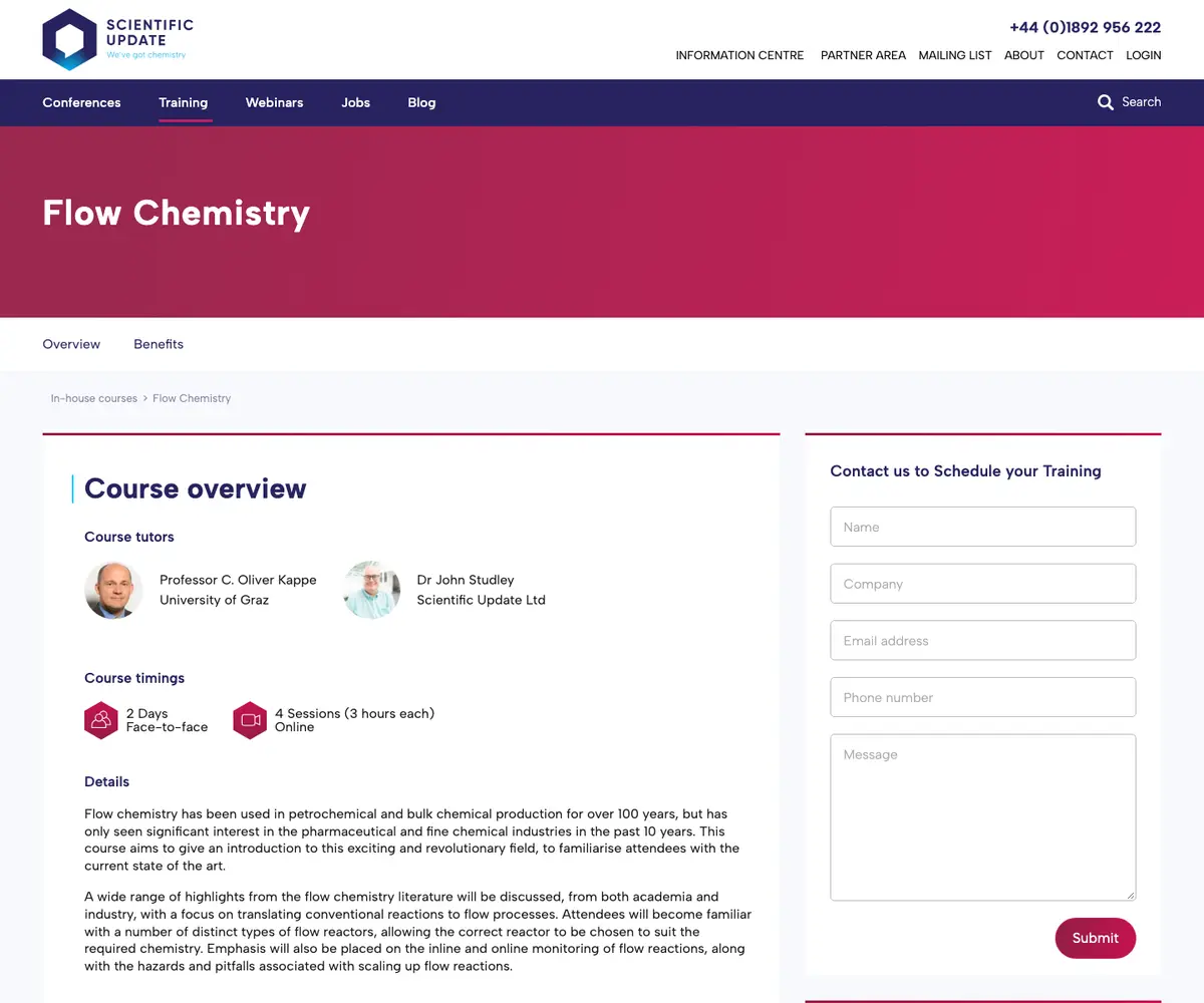 The live Scientific Update in-house course page for Flow Chemistry. The course overview, tutors and timings sit on the left. On the right is a panel headed Contact us to Schedule your Training, with Name, Company, Email address, Phone number and Message fields and a Submit button.