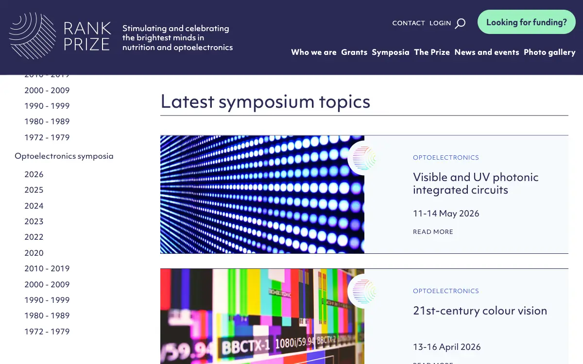 The Rank Prize symposia page: a year-by-year archive menu beside cards for the latest topics, such as Visible and UV photonic integrated circuits.