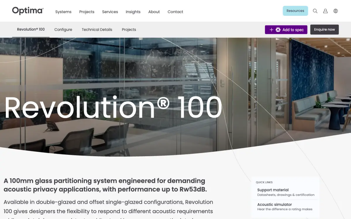 The Revolution 100 system page with its page menu and Add to spec button.
